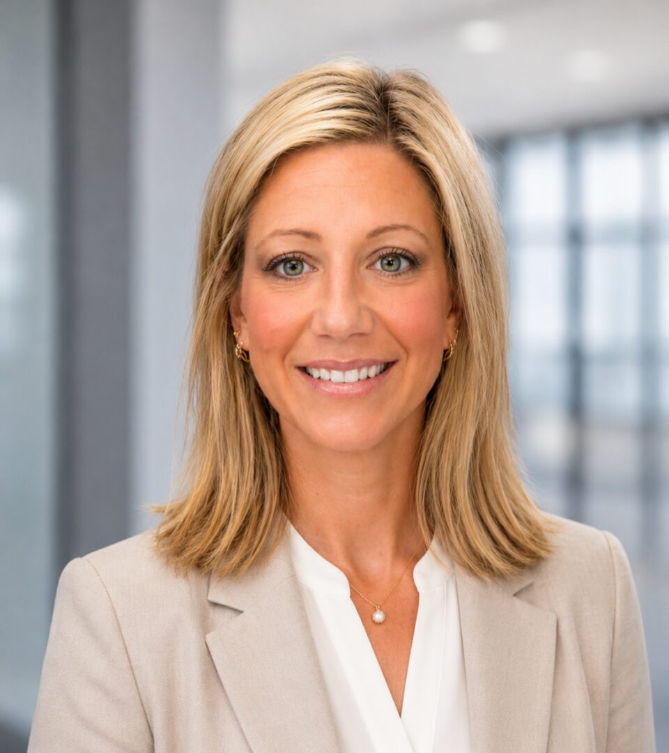 Smiling businesswoman headshot in office