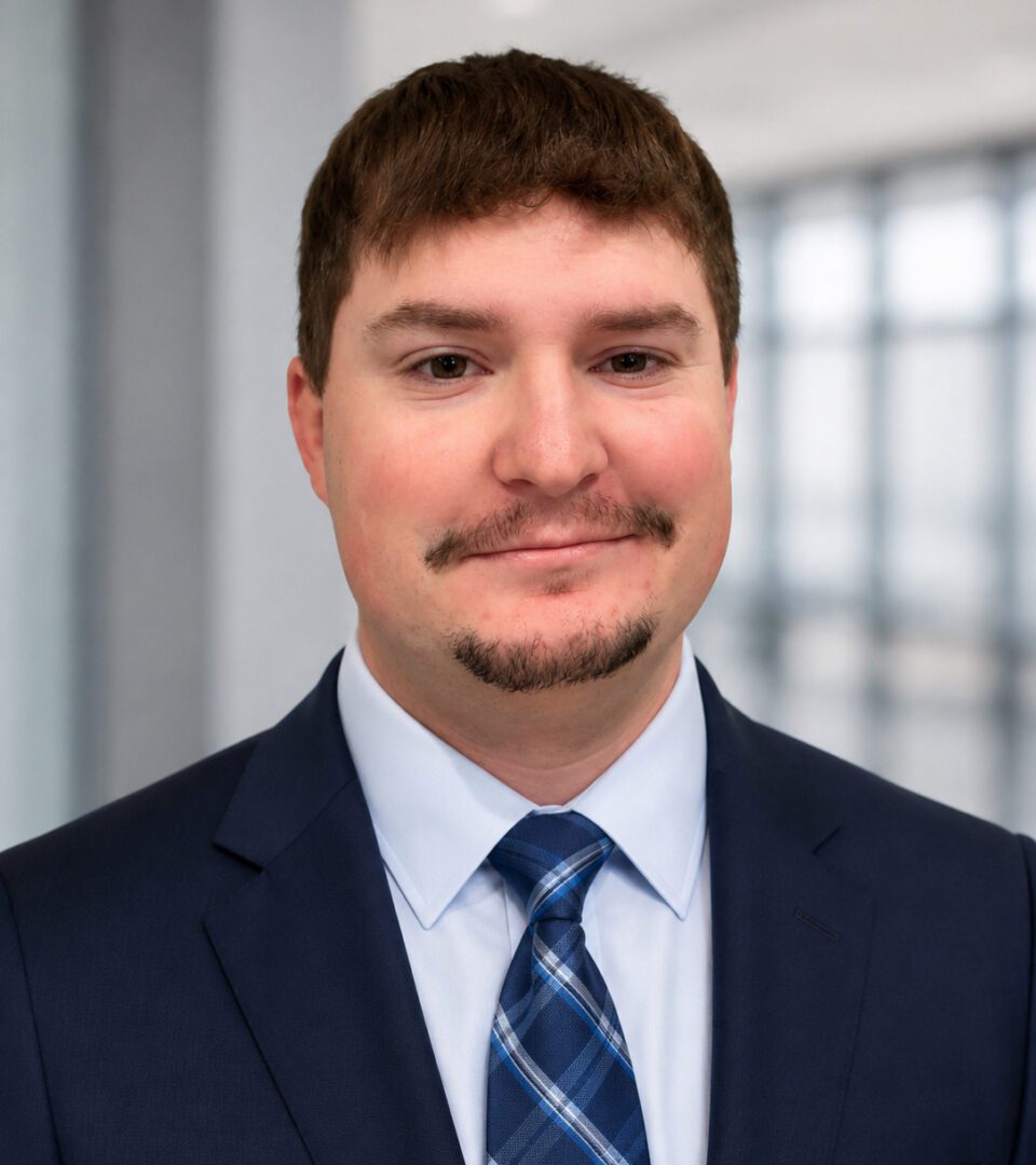 Man in navy suit wearing blue striped tie